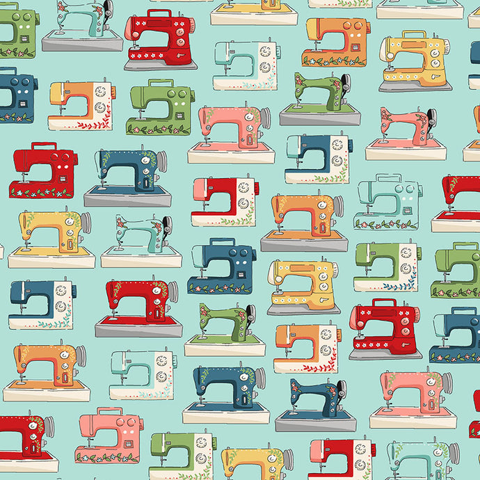 Makower - Sewing Room- sewing machines on blue